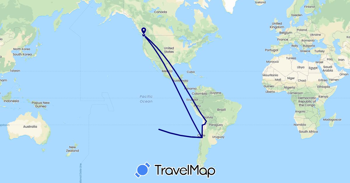 TravelMap itinerary: driving in Bolivia, Canada, Chile, Peru (North America, South America)